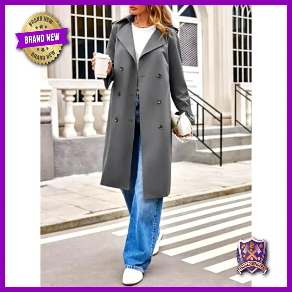 Oversized Trench Coat Double Breasted Notch Lapel Lightweight Windproof Belted